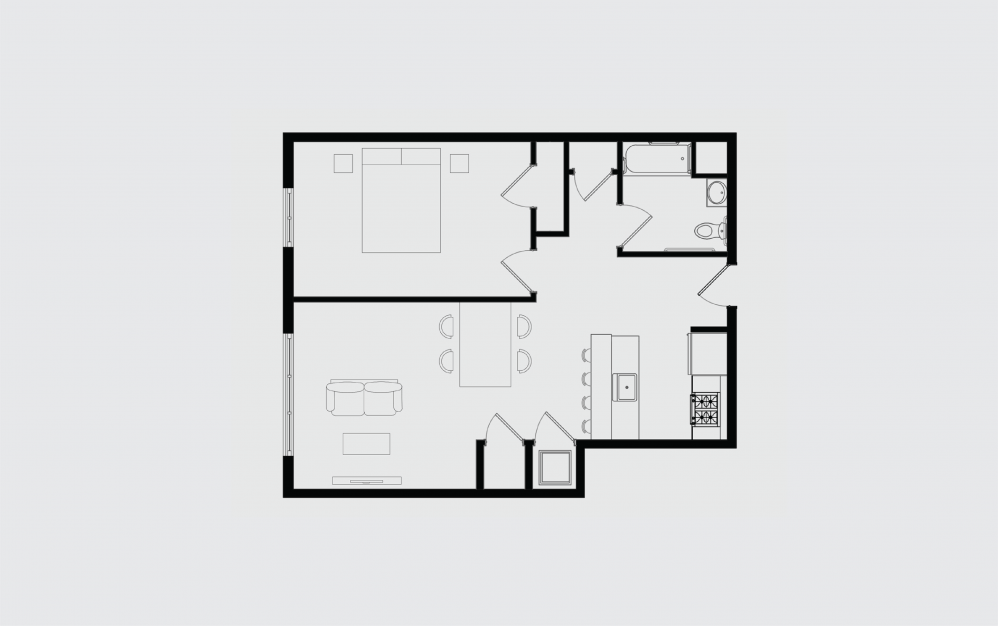 B - 1 bedroom floorplan layout with 1 bathroom and 796 square feet