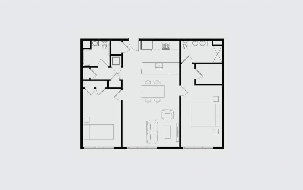 E - 2 bedroom floorplan layout with 2 bathrooms and 1350 square feet