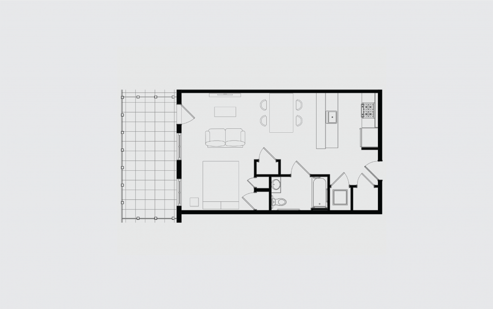 F.2 - Studio floorplan layout with 1 bathroom and 624 square feet