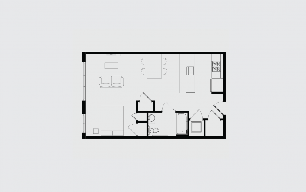 F - Studio floorplan layout with 1 bathroom and 624 square feet