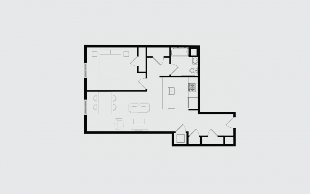 H - 1 bedroom floorplan layout with 1 bathroom and 889 square feet